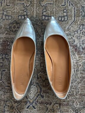 J. Crew Silver Pointed Toe Flats - Metallic Leather Women's Shoes, 6.5